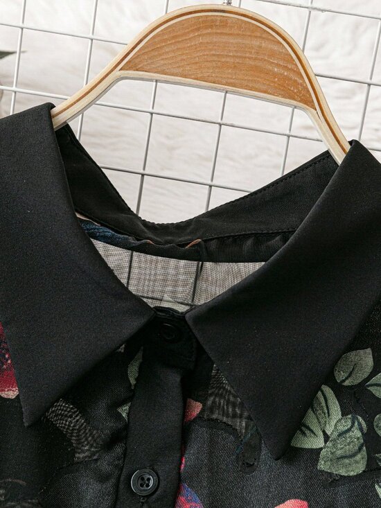 Black Casual Women's Chiffon Cutout Lapel Long Sleeve Blouse - Picture 3 of 7